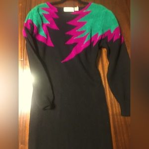 Betsy Lauren Knit Sweater Bodycon Dress Black Purple Teal Long Sleeve Puff Sz L